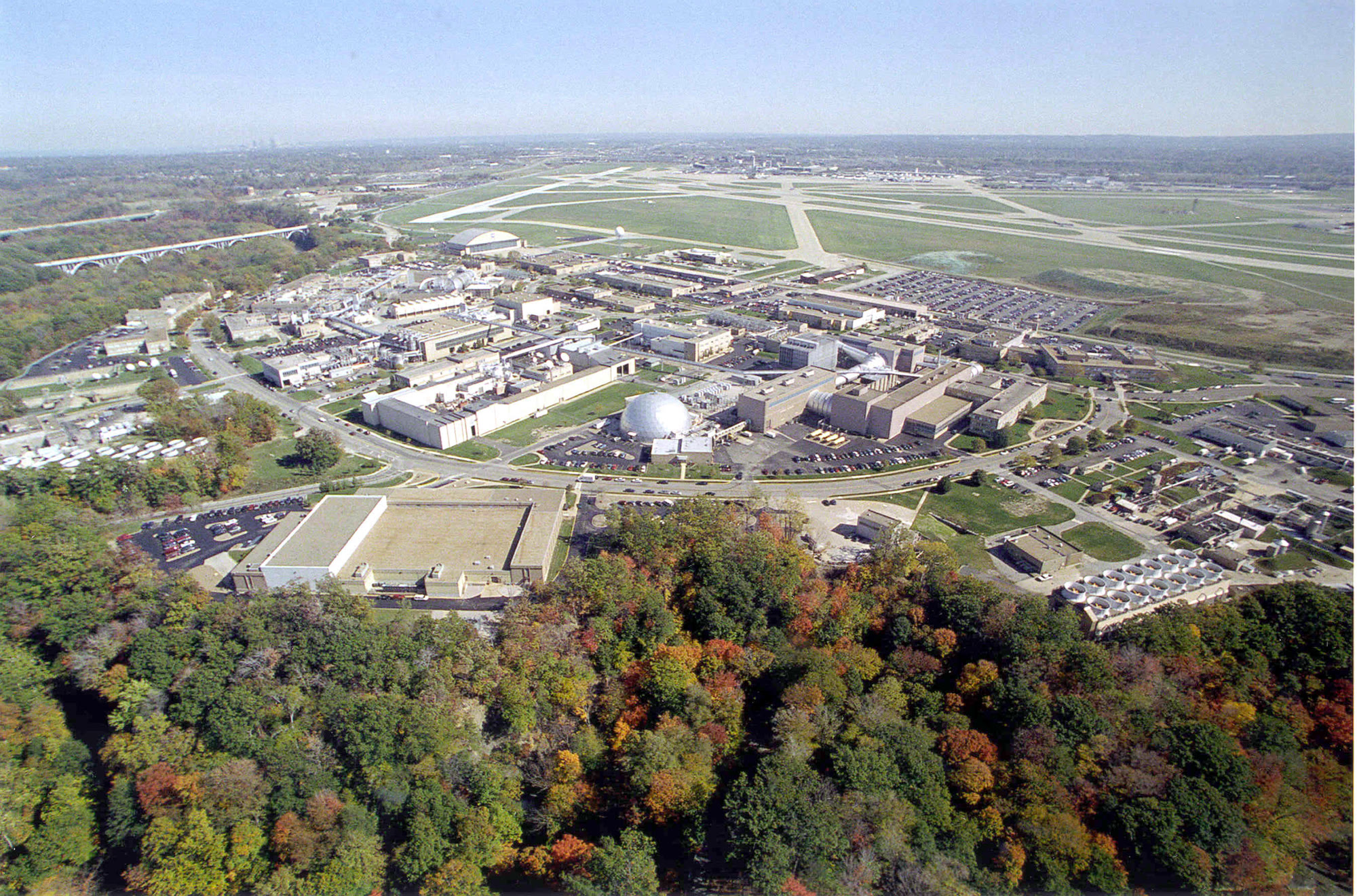 Aerial view of NASA Glenn Research Center and Cleveland Hopkins Airport in Brook Park, Ohio